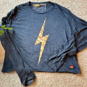 Aviator Nation Charcoal Long Sleeve Tee with Gold Lightning Bolt